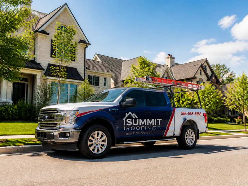 Roofing company truck on a residential street in a neighboring town — local SEO for roofing companies expanding their service area