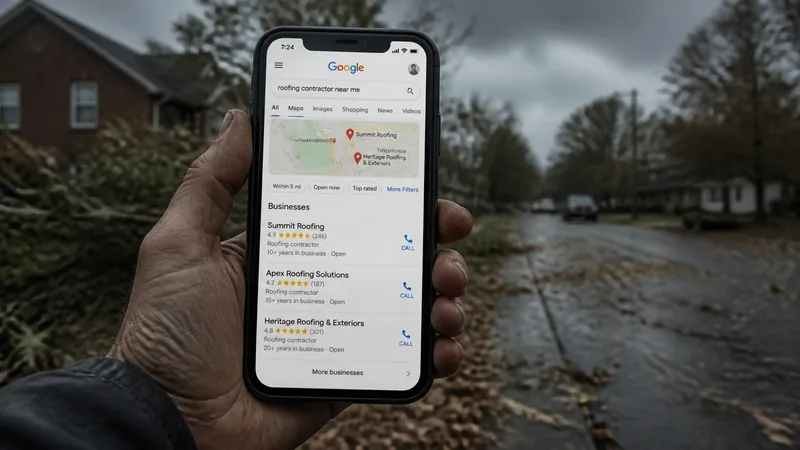 Weathered hand holding a smartphone displaying Google Maps roofing contractor search results