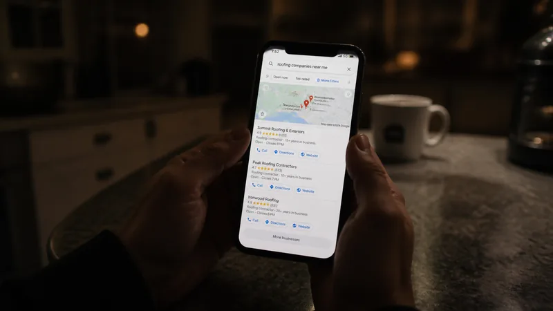 Homeowner holding a phone showing Google Maps search with three roofing company pins at the top