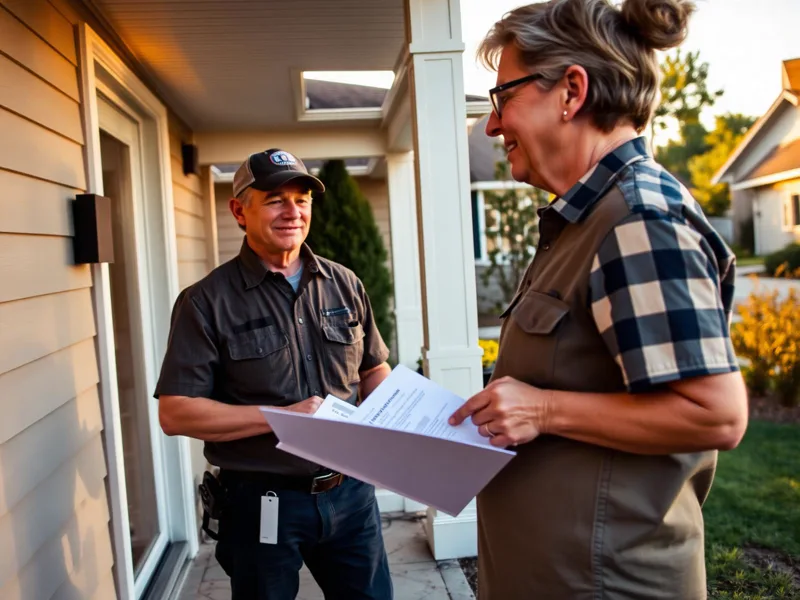 Roofing contractor discussing storm damage insurance claim with homeowner on her front porch