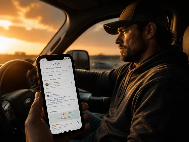 Roofing contractor checking Google Local Services Ads on his phone in his truck at golden hour