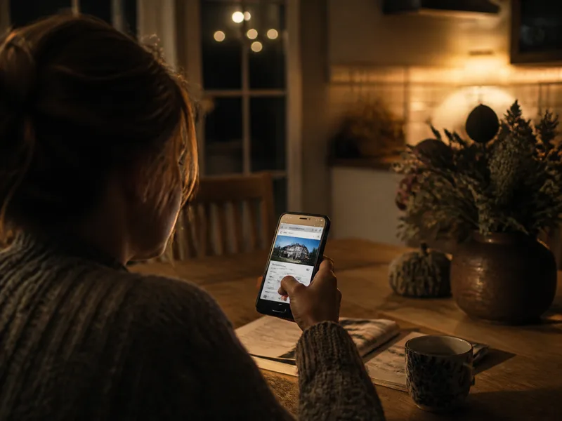 Homeowner scrolling a roofing company website on her phone before deciding to call
