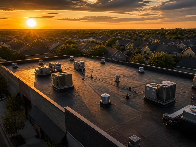 Aerial view of commercial flat roof and residential rooftops illustrating the decision to expand a roofing company into commercial work