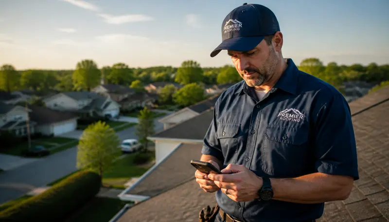 Residential roofer on an asphalt shingle roof at golden hour looking at his smartphone in a suburban neighborhood