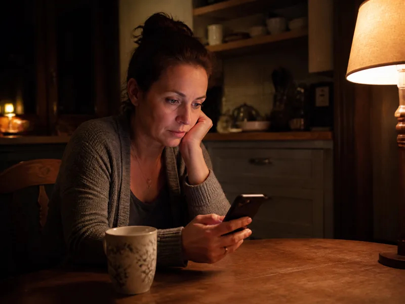 Homeowner reviewing roofing contractor options on her phone after an estimate, roofing sales follow up