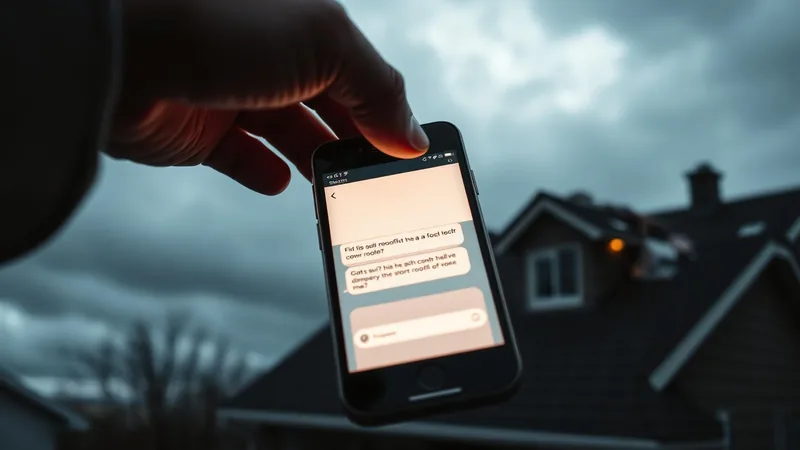 Homeowner hand holding a phone with AI chat open with storm-damaged rooftop in the background