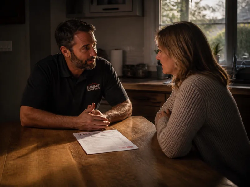 Roofing contractor closing a retail estimate with a homeowner at her kitchen table — retail roofing sales process