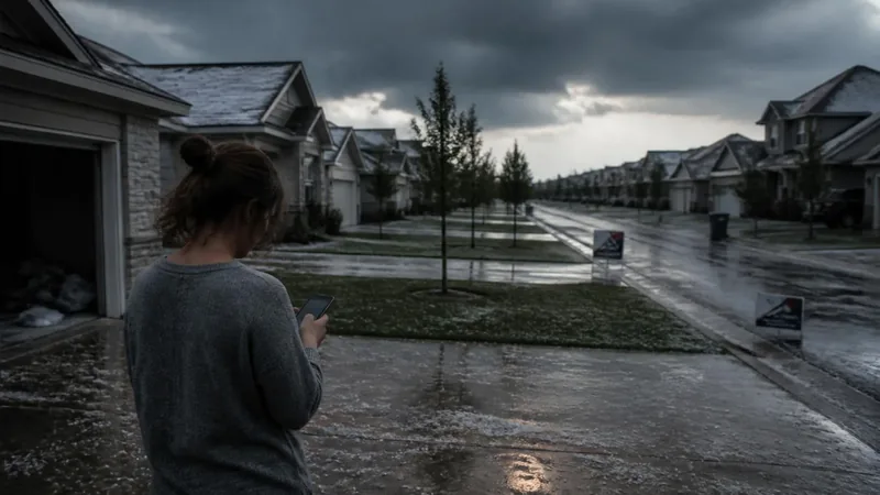 Residential street after a hailstorm at dusk with a homeowner in her driveway looking at her phone