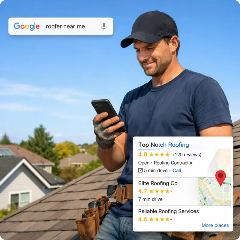 Google Maps Pack showing roofing company listings