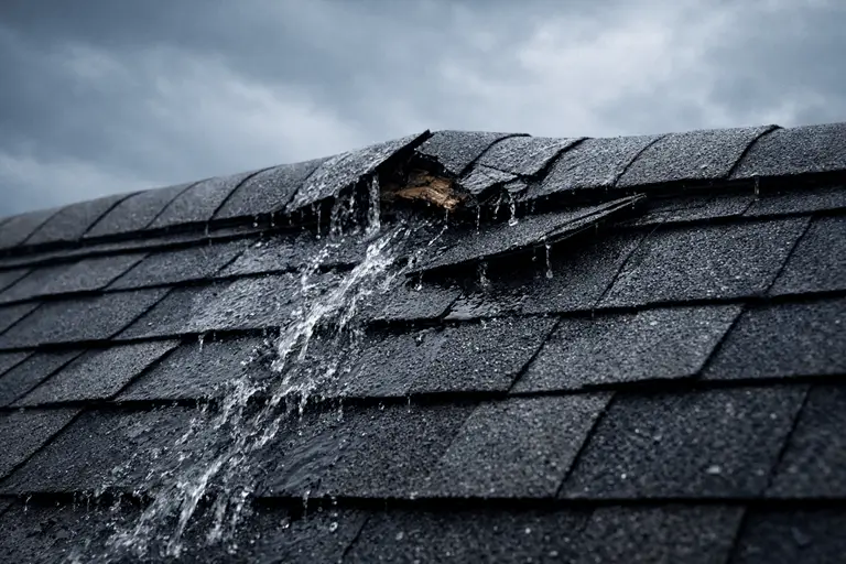Damaged ridge cap on an asphalt shingle roof with water running down the slope