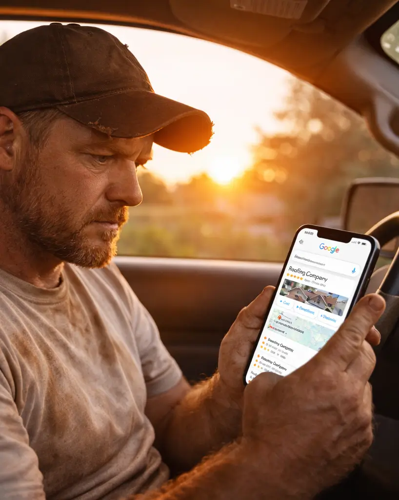 Roofer checking phone for Google search results after a long day