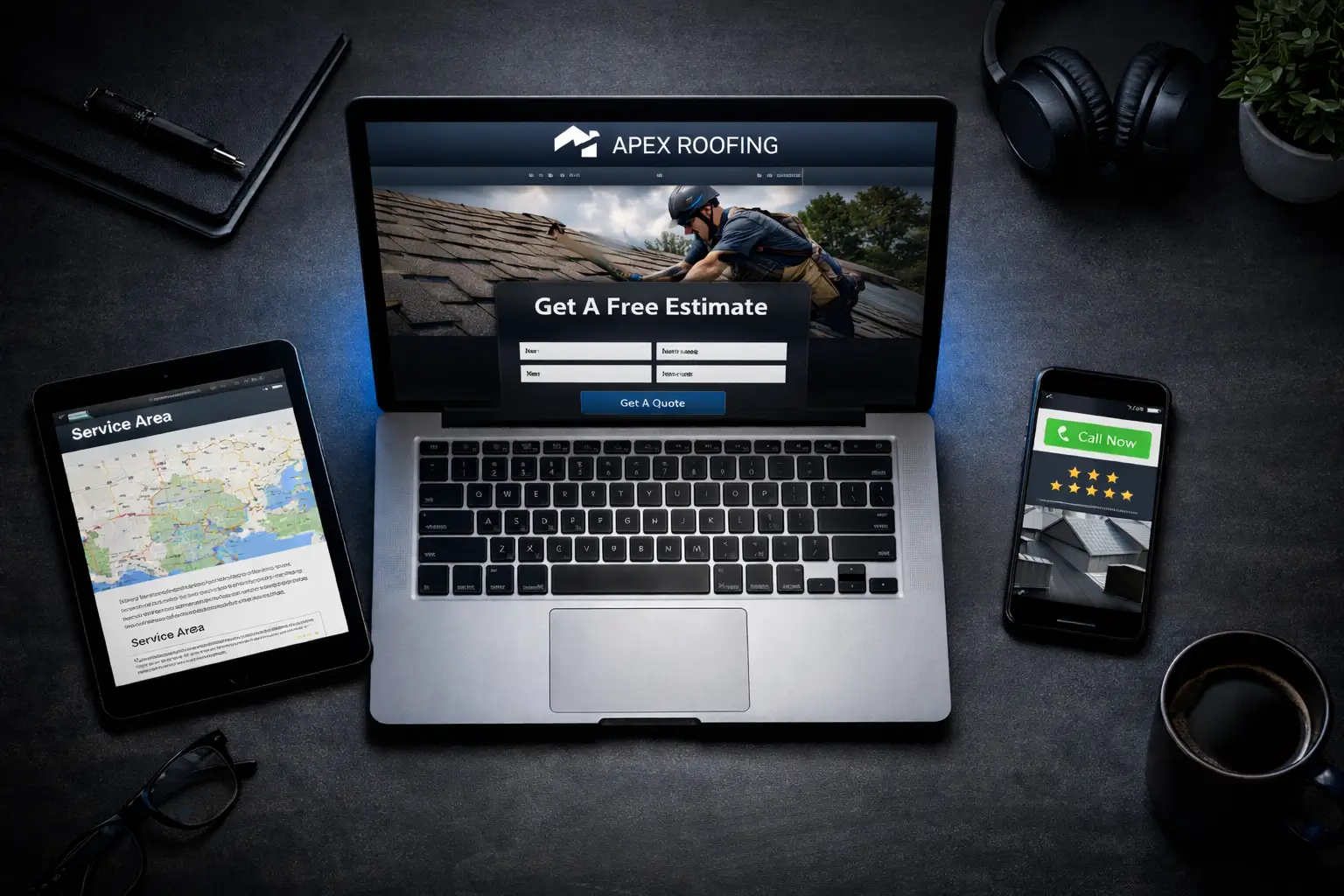 Roofing website shown on laptop, tablet, and phone