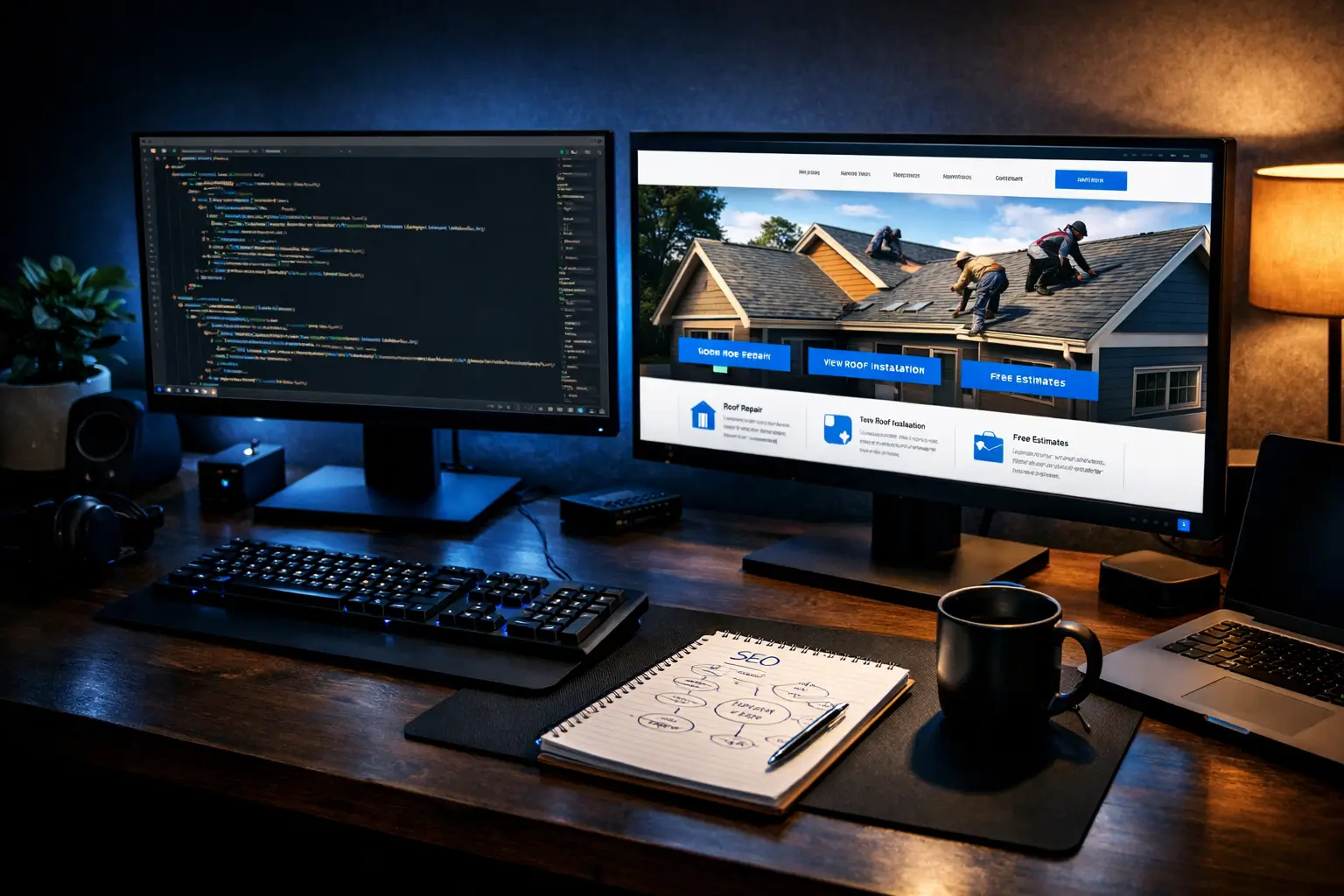 Roofing website being designed on dual monitors