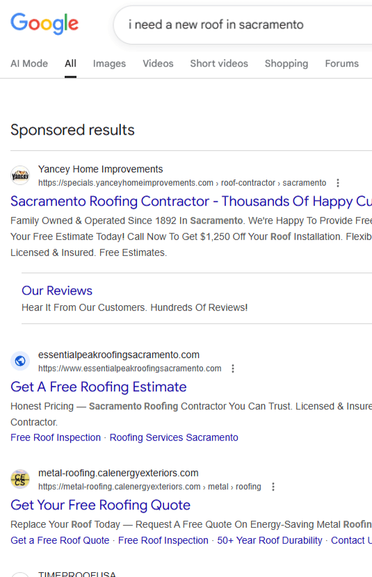 Google sponsored search results showing roofing PPC ads in Sacramento
