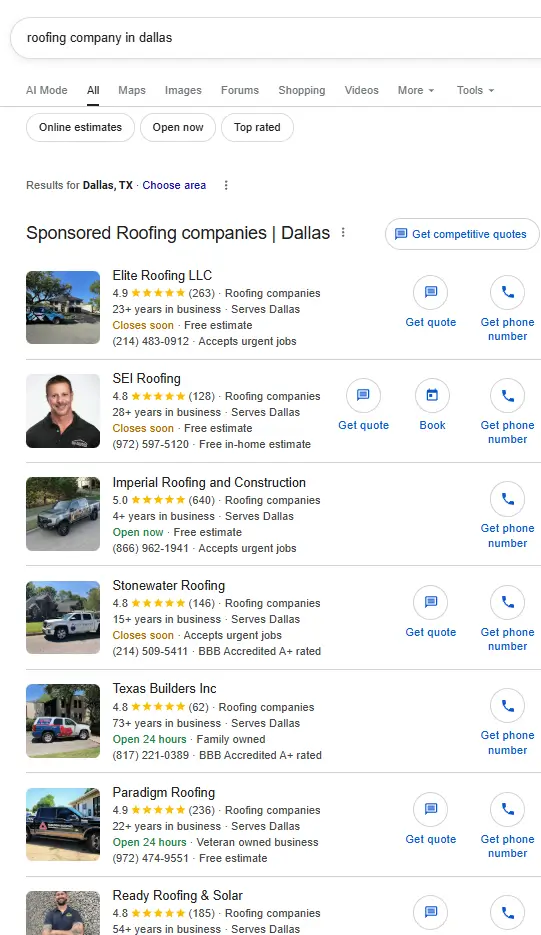 Google Local Service Ads search results for roofing companies in Dallas showing LSA listings above all other results