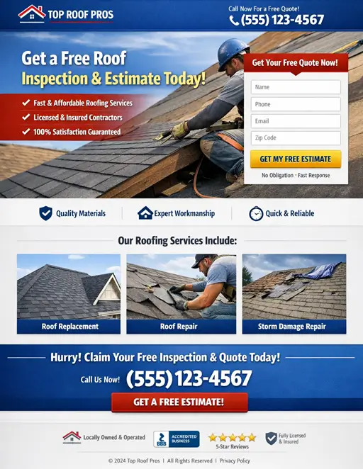 Conversion-optimized roofing PPC landing page built by Huddle Web Works