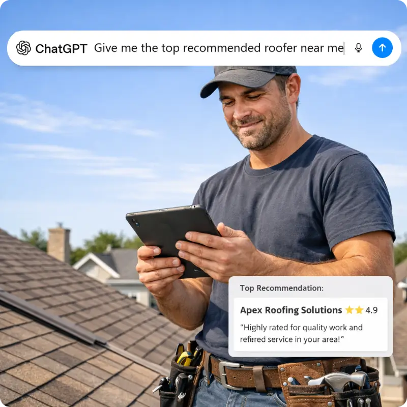 Roofer on roof with tablet showing search results and Maps Pack visibility