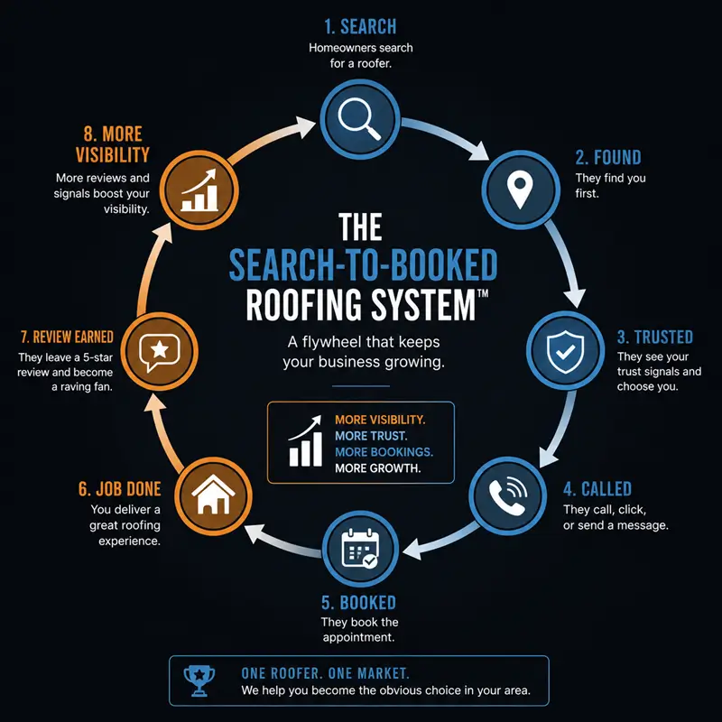 The Search-to-Booked Roofing System flywheel — how roofing companies get found, trusted, called, booked, and keep growing